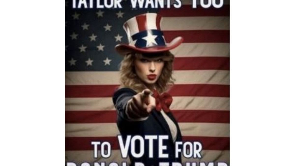 <div class="paragraphs"><p>The 'AI-generated' image shared by Trump on Truth Social showing Taylor Swift with a message of endorsement.</p></div>